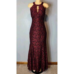 Vtg Y2K Lace Mesh Maxi Gown Prom Sz 14 Burgundy Black Mermaid Dress Whimsigoth